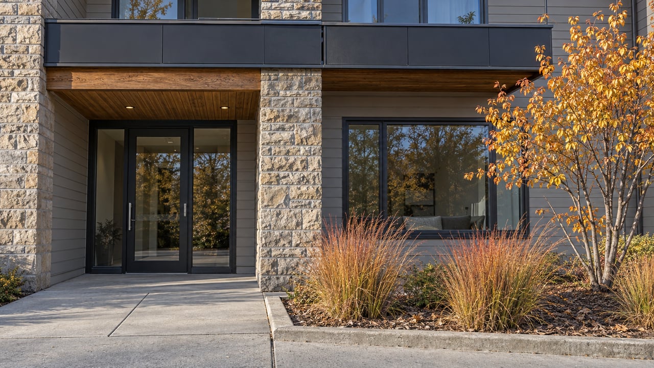Contemporary condominium entrance with timber soffit, buff stone pier, charcoal balcony and autumn serviceberry beside a concrete approach.