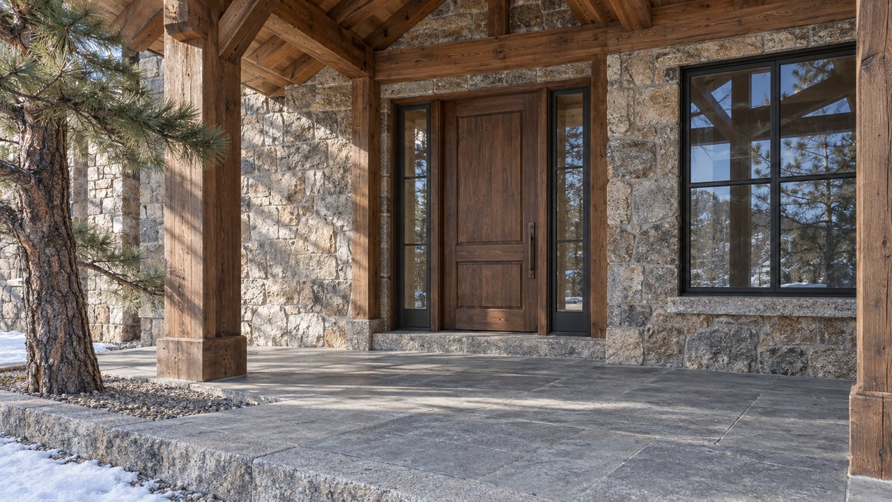 Winter sunlight crosses a timber-covered entry with granite walls, a walnut door, black-framed glazing, and a sandstone terrace edged by snow.