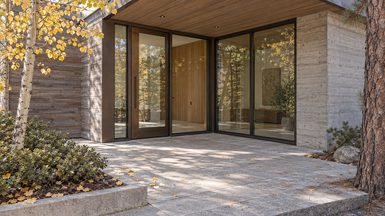 Glazed bronze-framed entry beneath a deep roof overhang, beside golden aspens and weathered cedar siding.