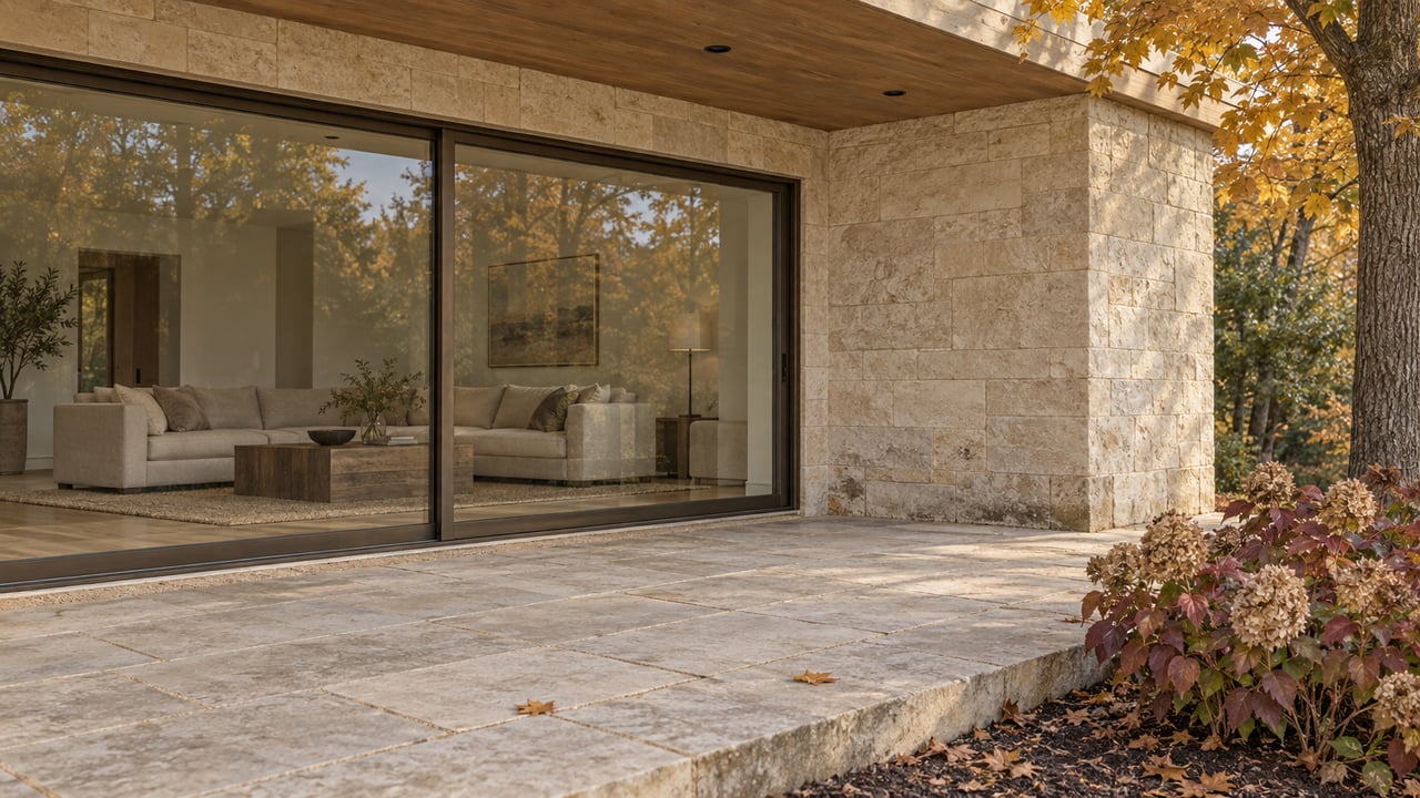 Covered limestone terrace with bronze-framed glass doors, oak soffit, and amber autumn foliage beside a refined stone home.