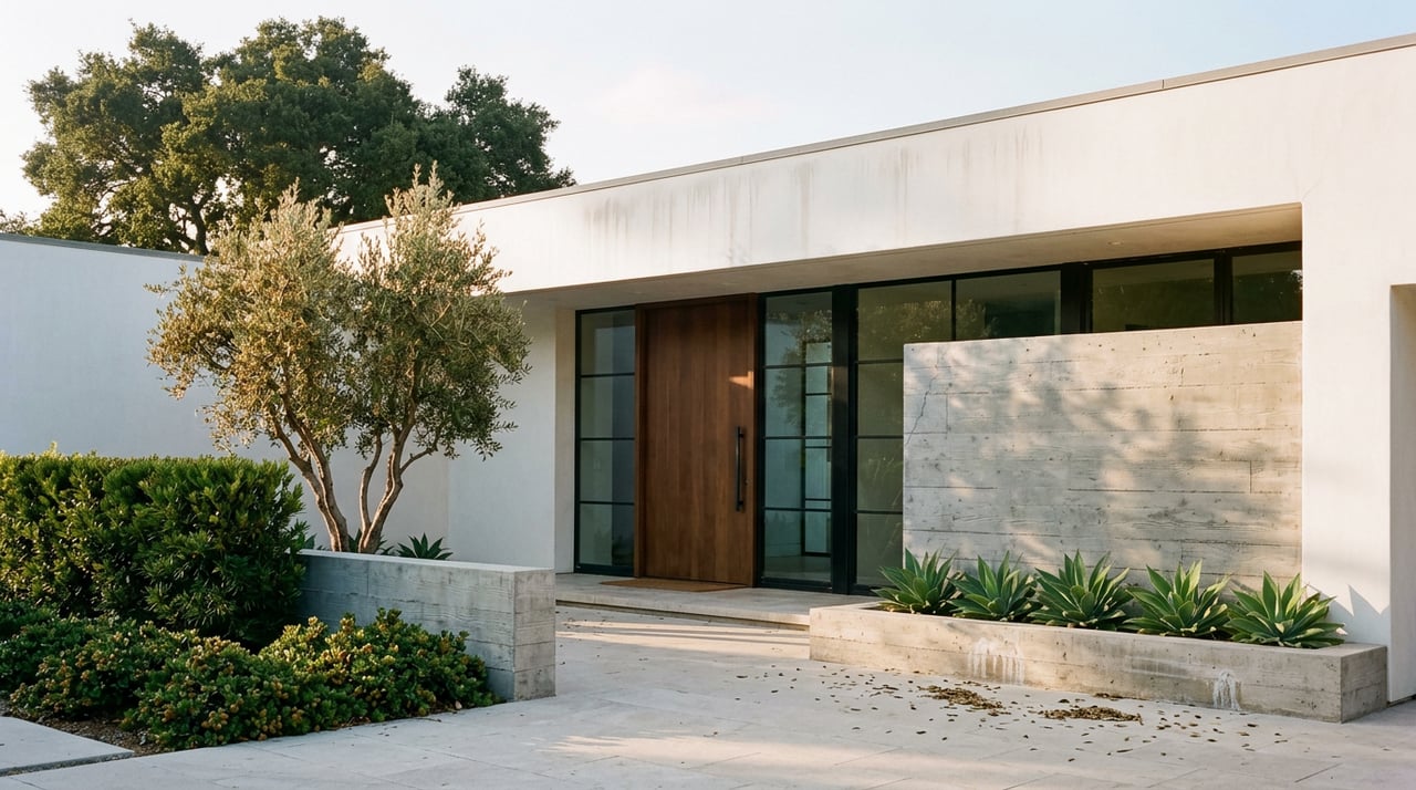 Contemporary stucco-and-concrete entry with walnut door, olive tree, agaves, and stone courtyard paving.