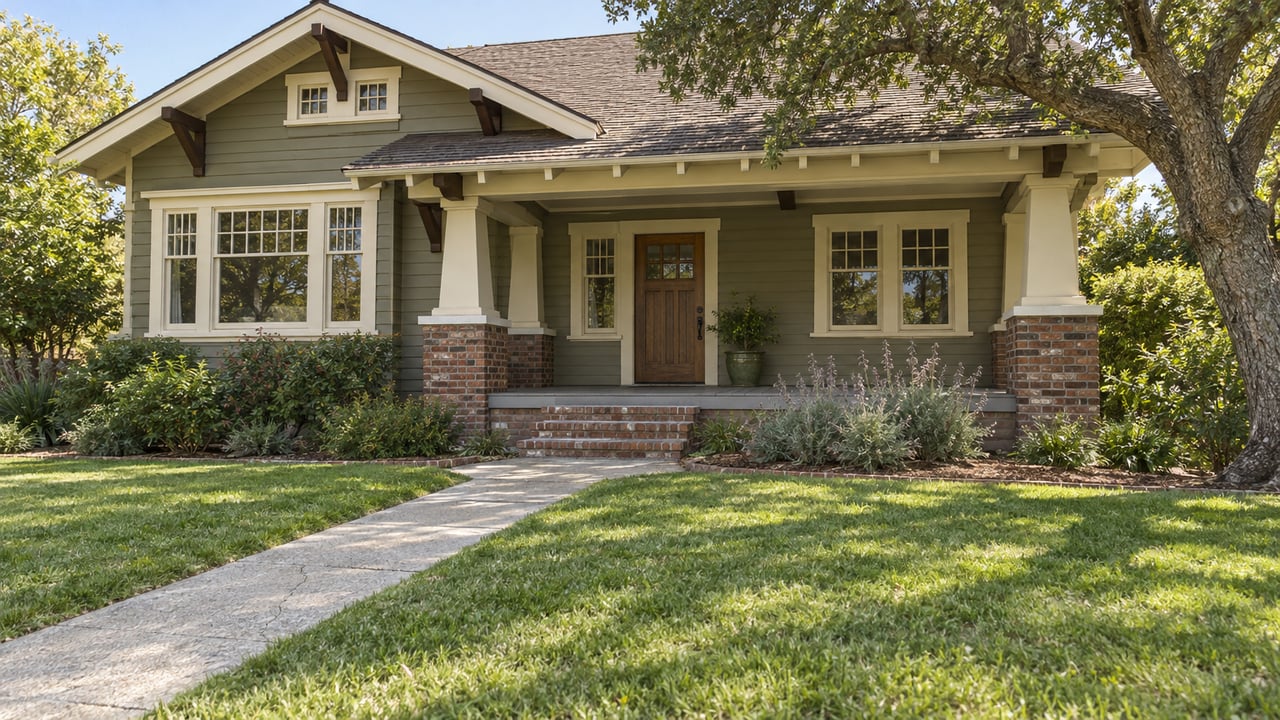 Olive wood-sided Craftsman home with an ivory-trimmed porch, brick piers, deep front lawn and a mature oak.