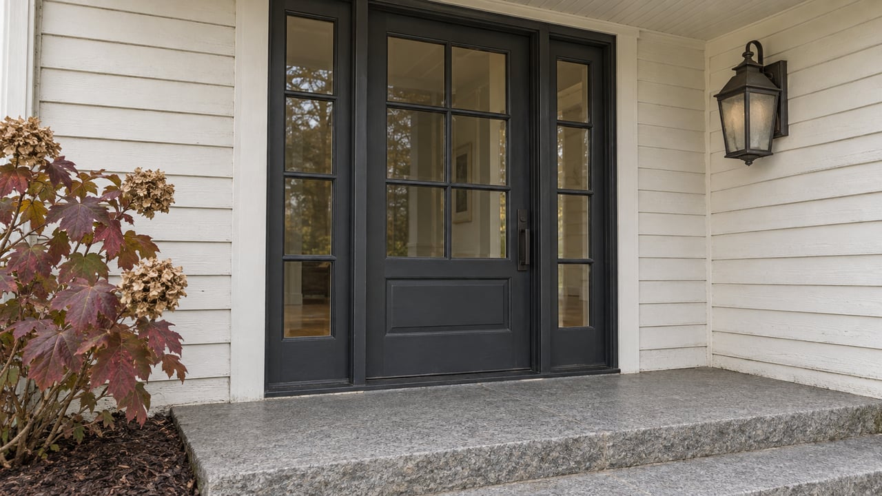 Charcoal-framed glazed entry with matching sidelights, a bronze lantern, granite step and burgundy oakleaf hydrangea beside off-white clapboards.