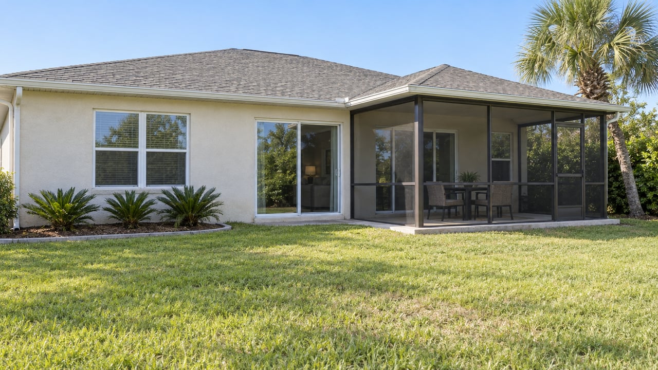 Sunlit stucco ranch home with a screened patio, broad lawn and a single curved palm.