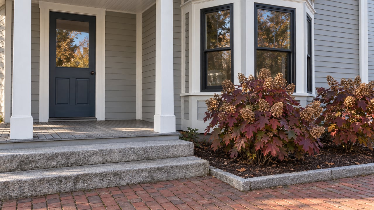 Slate-blue entry door and black-framed bay windows beside a covered clapboard porch, with granite steps, a brick walk, and burgundy oakleaf hydrangeas.