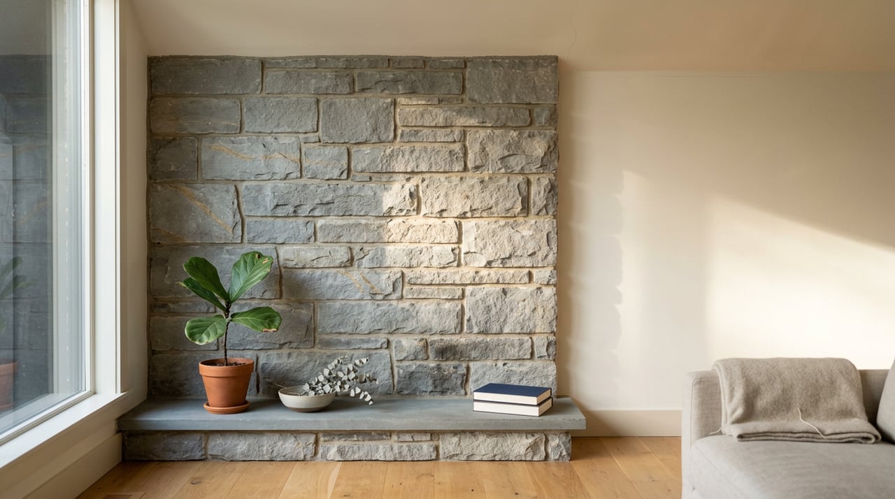 Fieldstone fireplace with a potted fig and books on the hearth, beside a window.