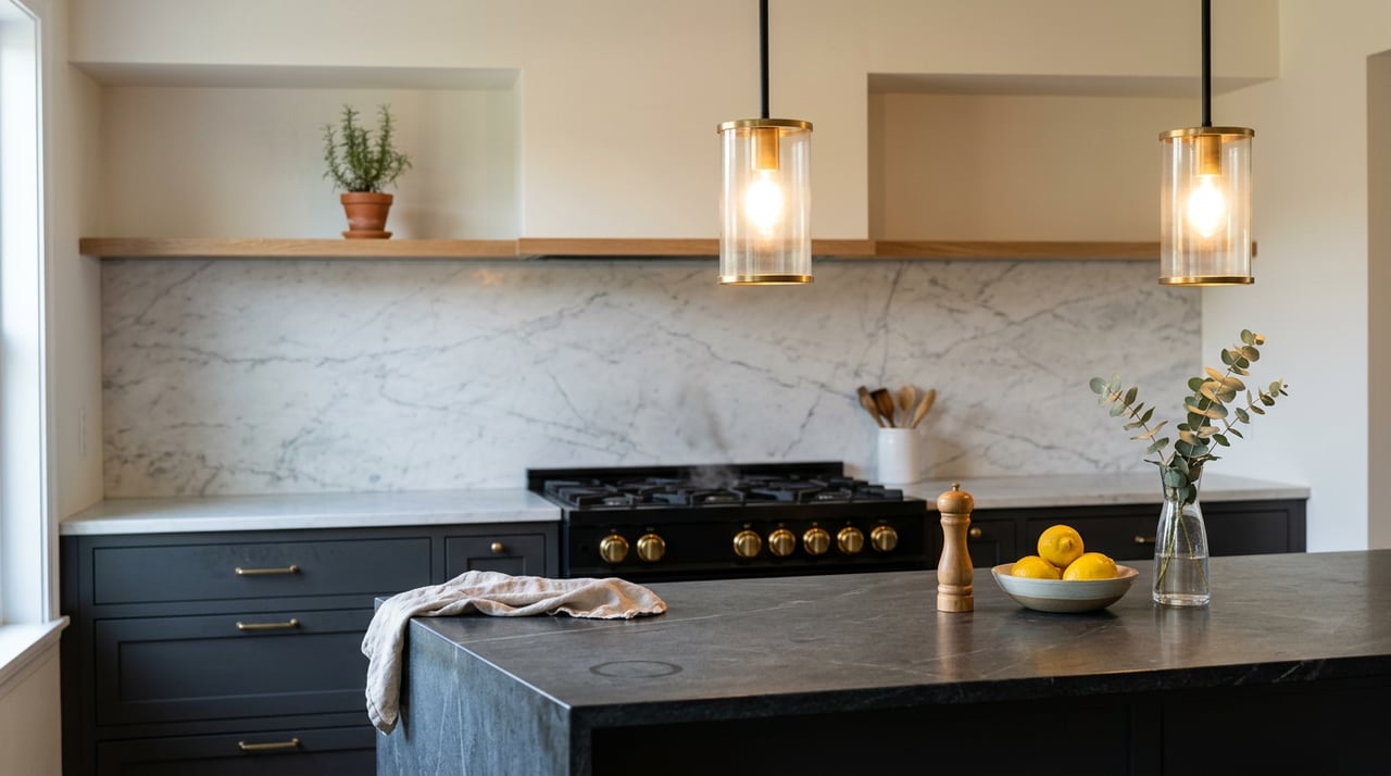 Kitchen island with soapstone countertop, lemon bowl, brass pendants, and a marble-backed range.