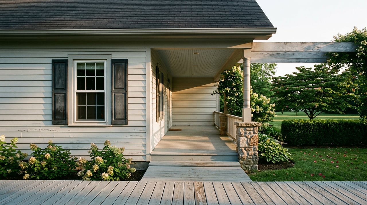 Painted cottage porch with turned column, weathered decking, and hydrangeas overlooking a small hedged lawn.