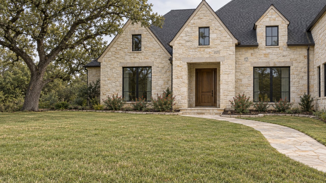 Limestone home with dark gabled roofs, black-framed windows and a stone approach across a broad lawn beneath a mature oak.