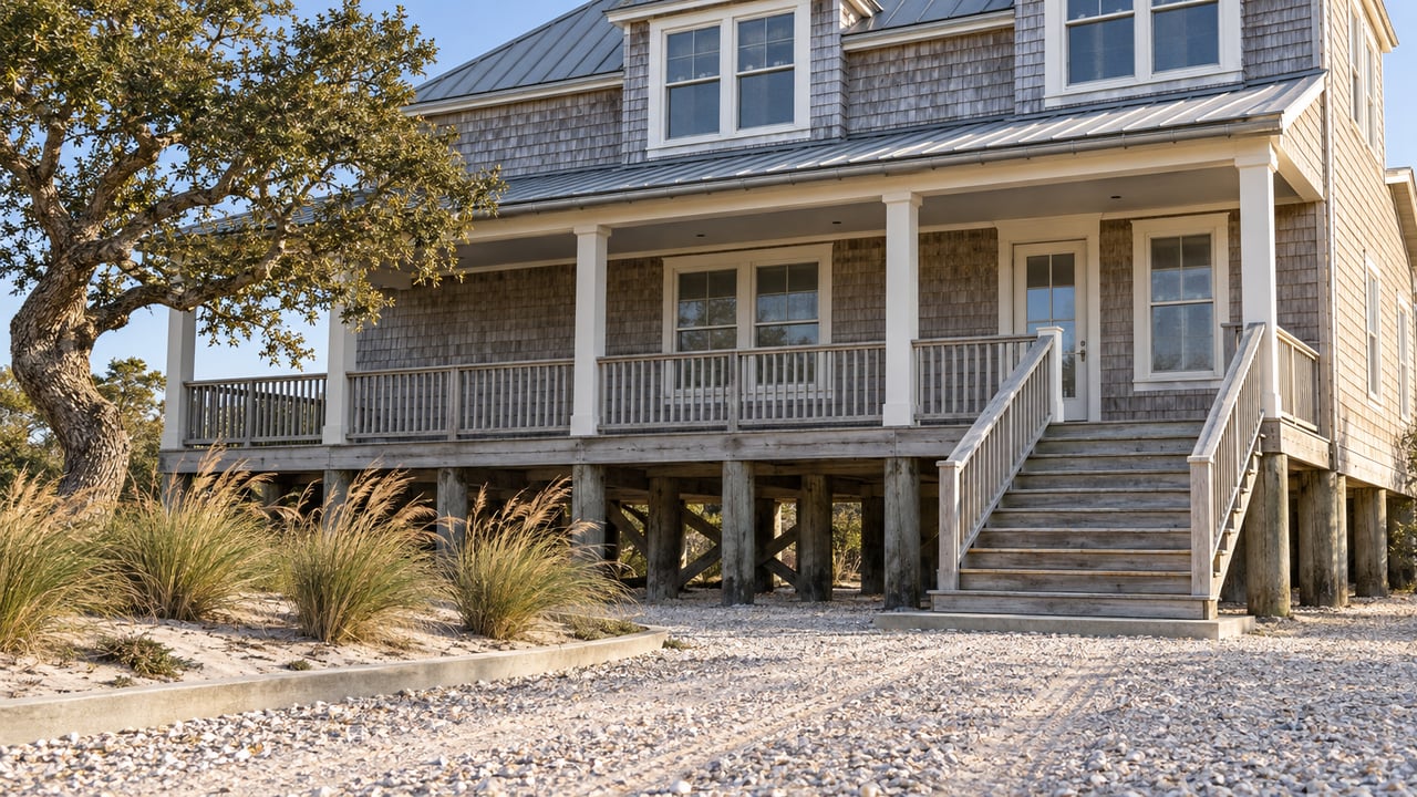 Elevated cedar-shingle home with a covered porch, weathered timber stairs and sea oats beside a shell-gravel approach.