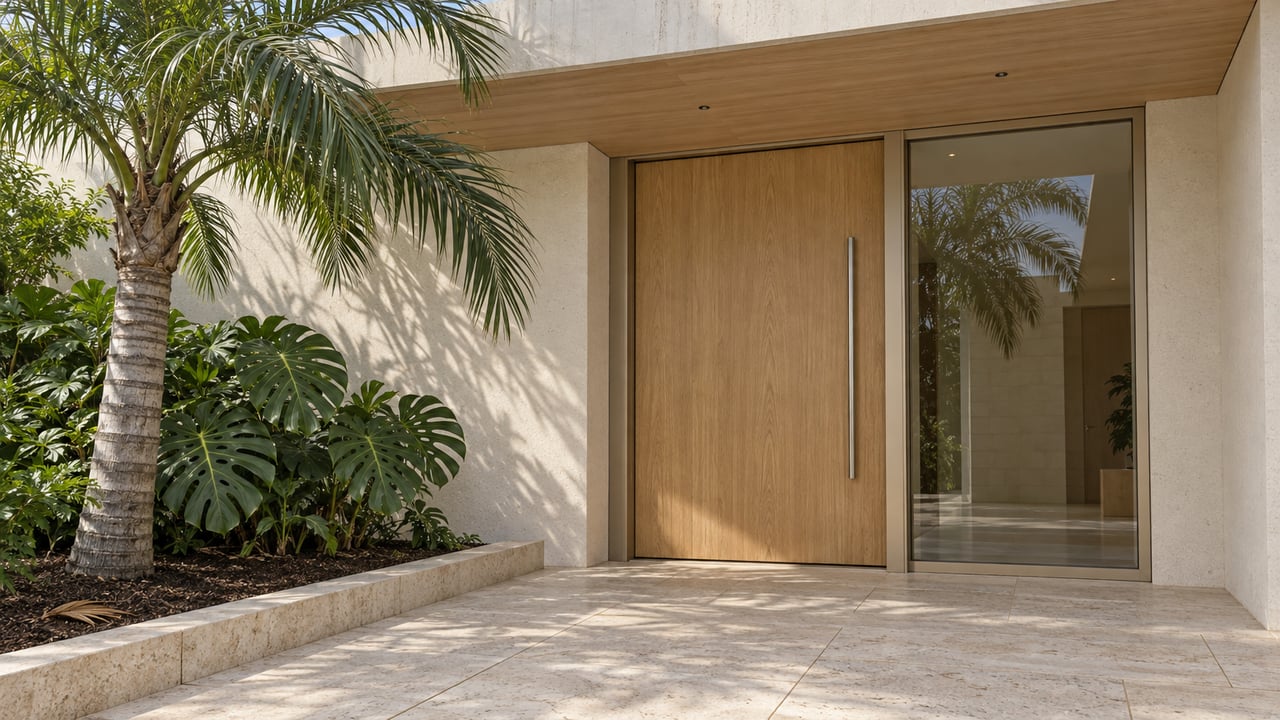 Cream contemporary home entrance with an oak pivot door, limestone paving and a sculptural palm in a raised planting bed.