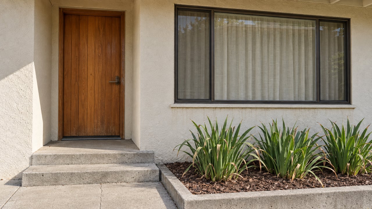 Close view of a stucco home's recessed fir front door, picture window, concrete steps, and a small bed of Douglas iris.