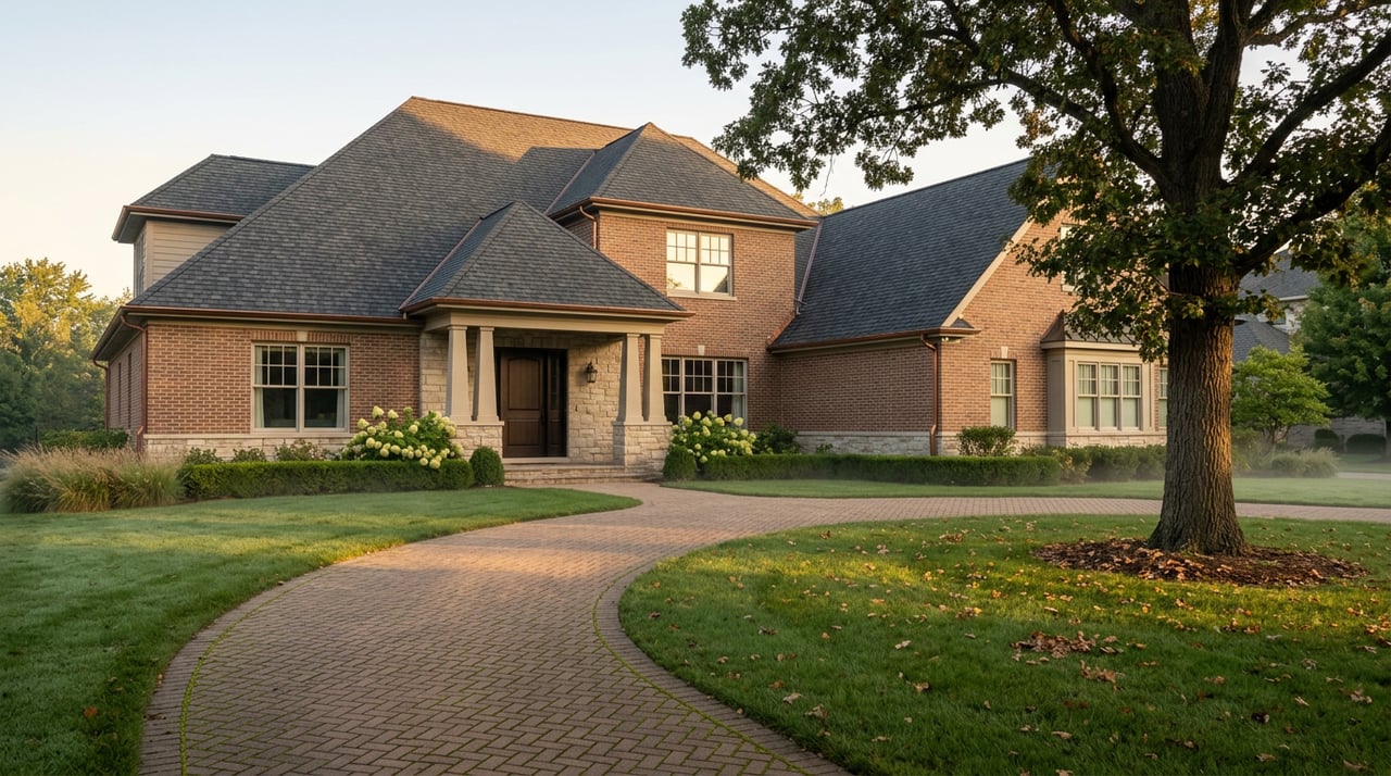Brick two-story home with a steep gabled roof, curved paver drive, and large oak over a broad lawn.