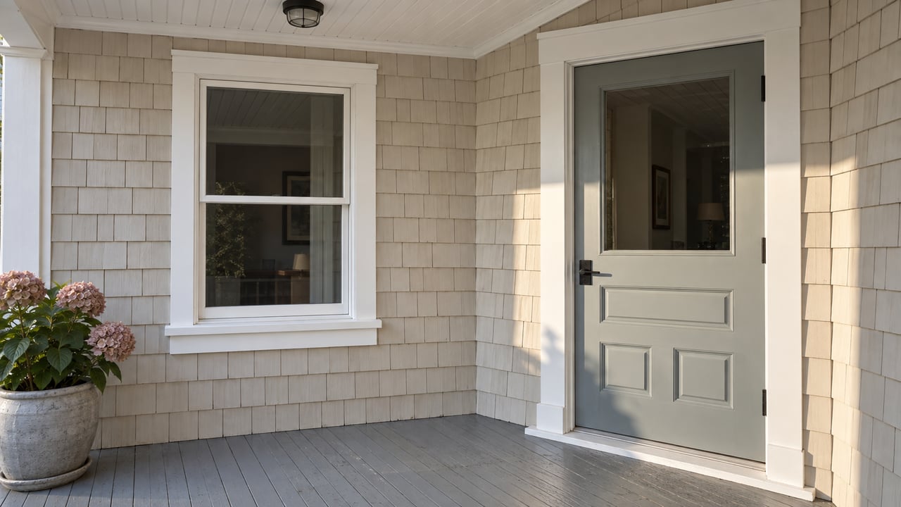 Sunlit elevated porch with pale painted shingles, white-trimmed door and window, gray timber flooring, and a hydrangea in a ceramic planter.