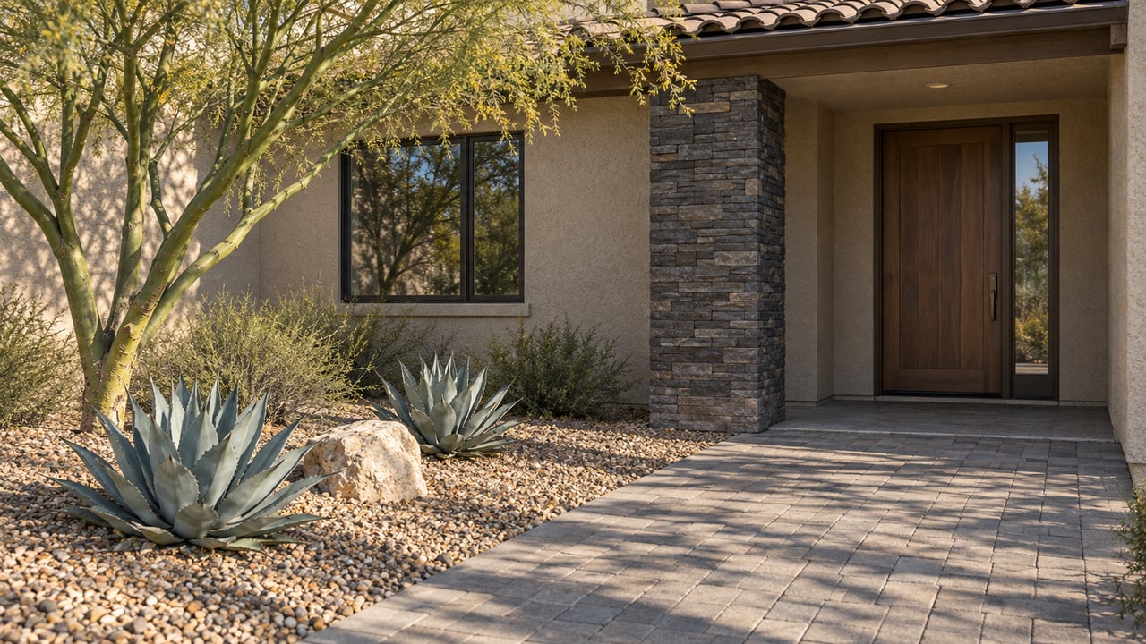 Sandy stucco home with a recessed wood entry door, charcoal stone pier, gray paver approach, and sculptural desert planting.