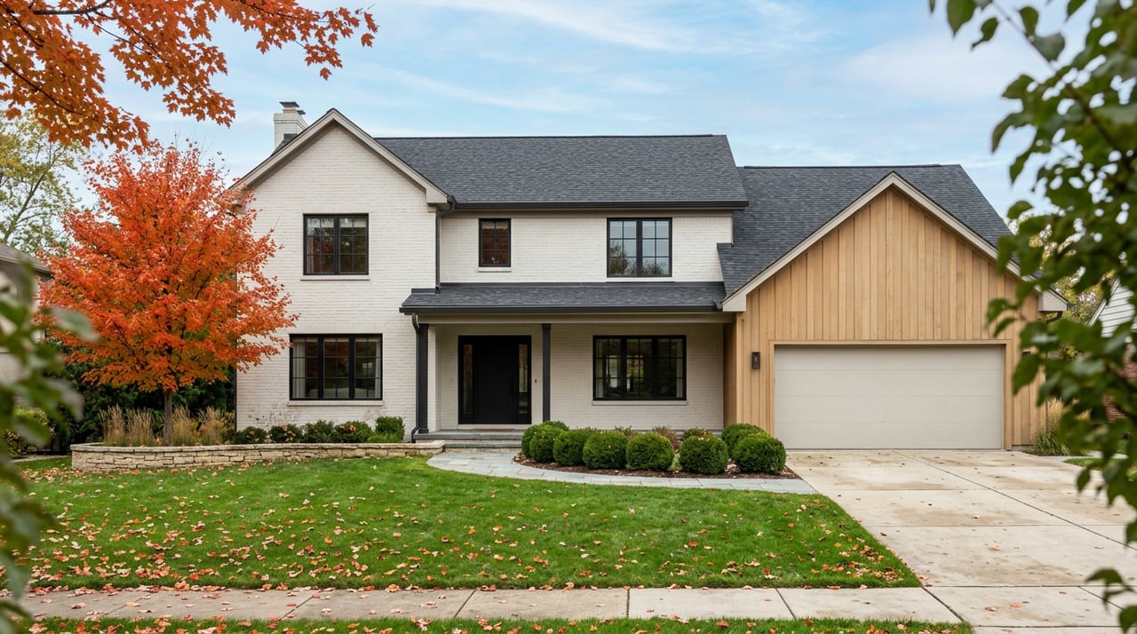 Oyster-white brick home with a deep porch, black-trimmed windows, and an orange-red maple beside the lawn.