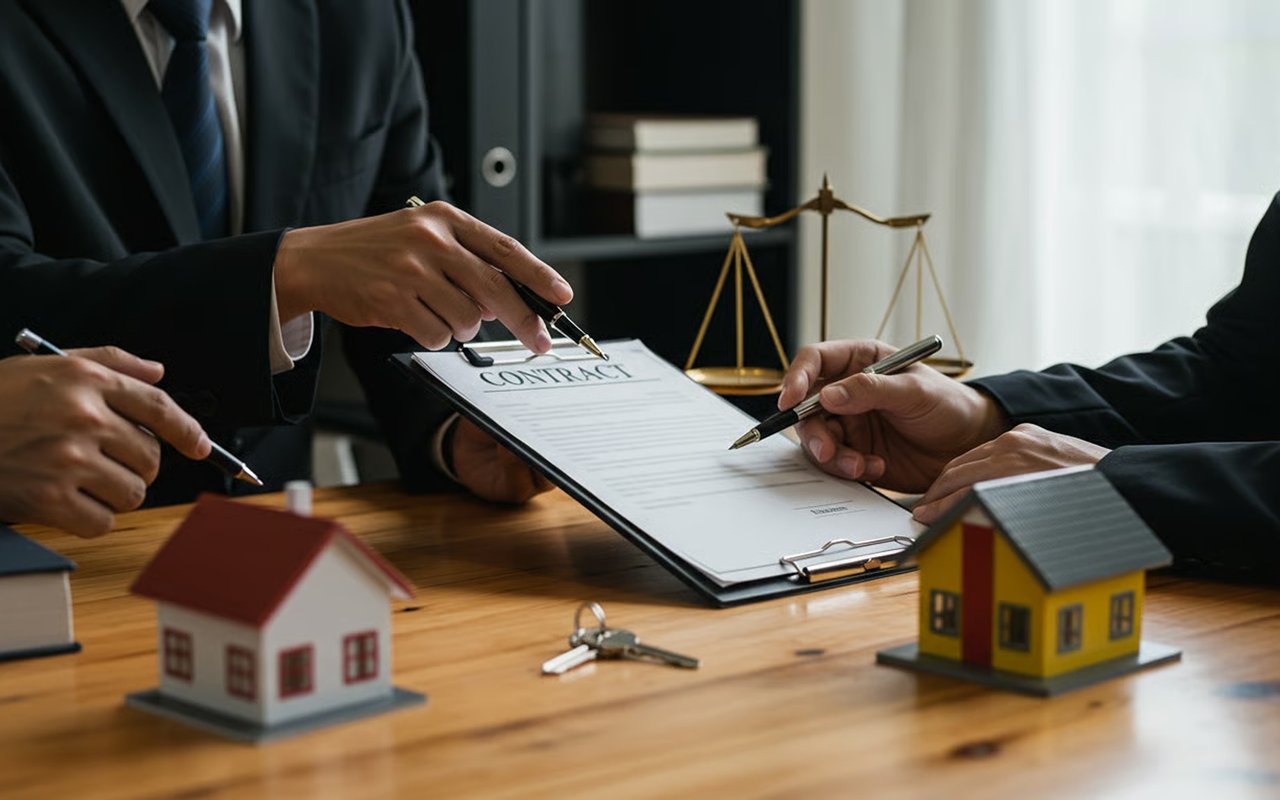People review a real estate contract beside miniature houses and keys.