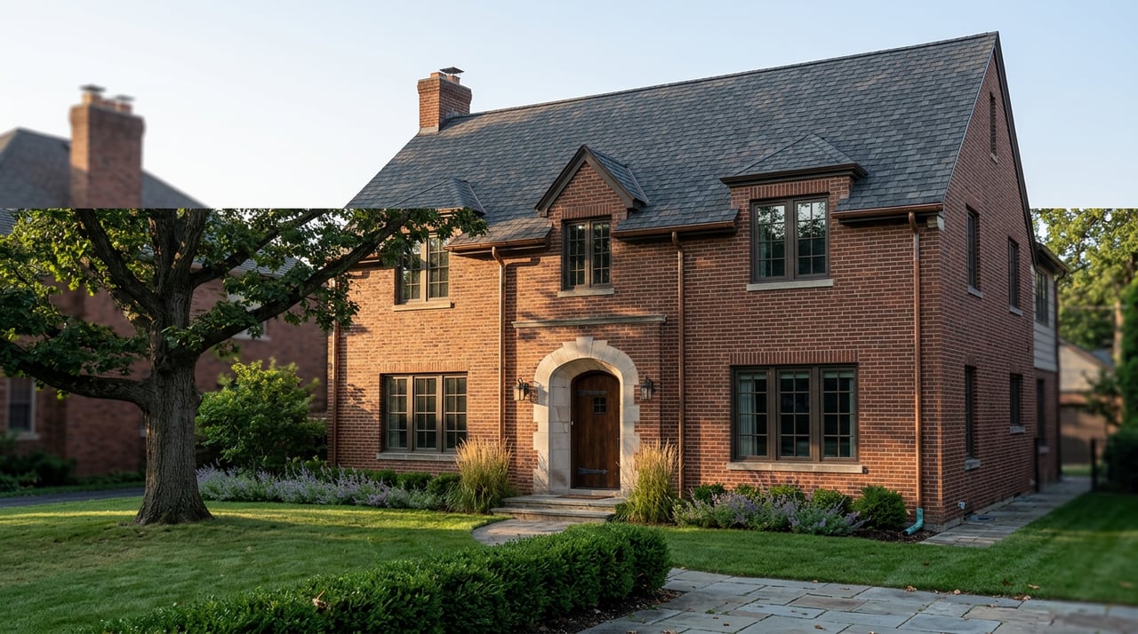 Two-story brick residence with an arched stone entry, mature oak, and broad front lawn.