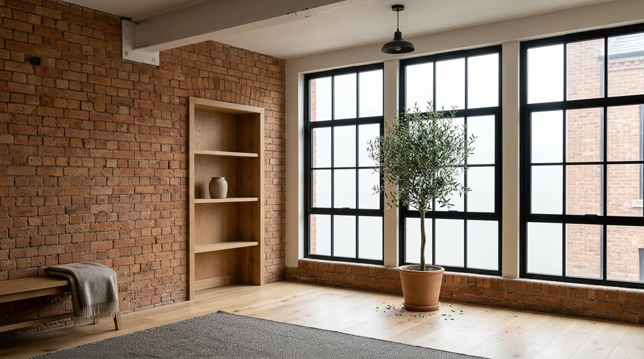 Converted brick loft living room with tall black steel-frame windows, oak shelving, and a potted olive tree.
