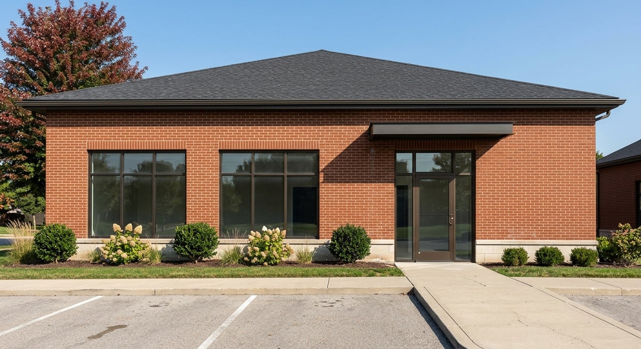 Red-brick storefront with limestone trim, two display windows, and a steel canopy beneath leafy branches.
