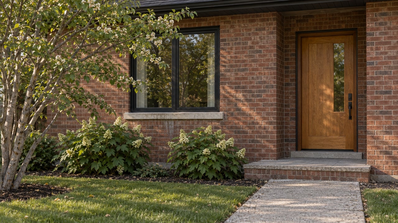 Brick bungalow facade with a recessed oak door, black-framed window, concrete path, lawn, and flowering shrubs.