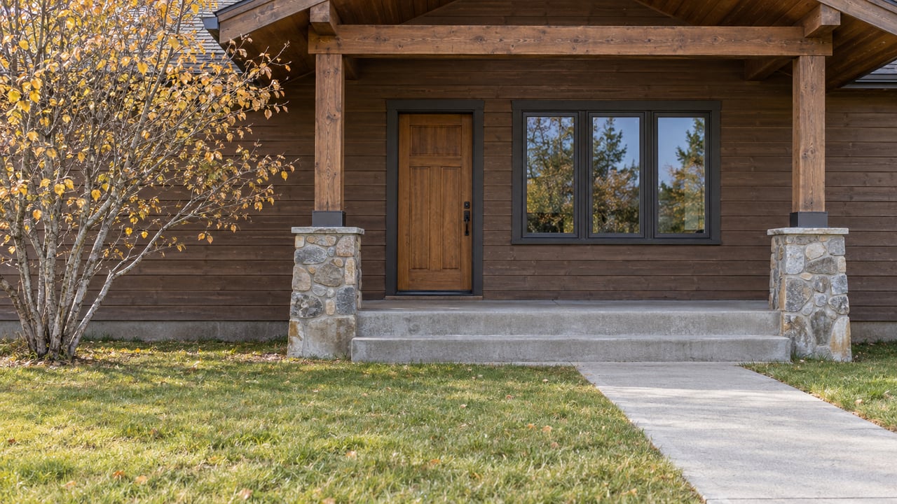 Autumn light on a timber-clad home's covered entry, fieldstone porch piers and a concrete path across a muted green lawn.