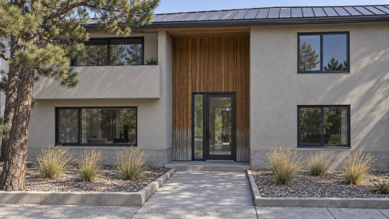 Two-story condominium facade with cedar-lined entrance, gray stucco, a solid balcony parapet and a concrete approach bordered by native grass beds.
