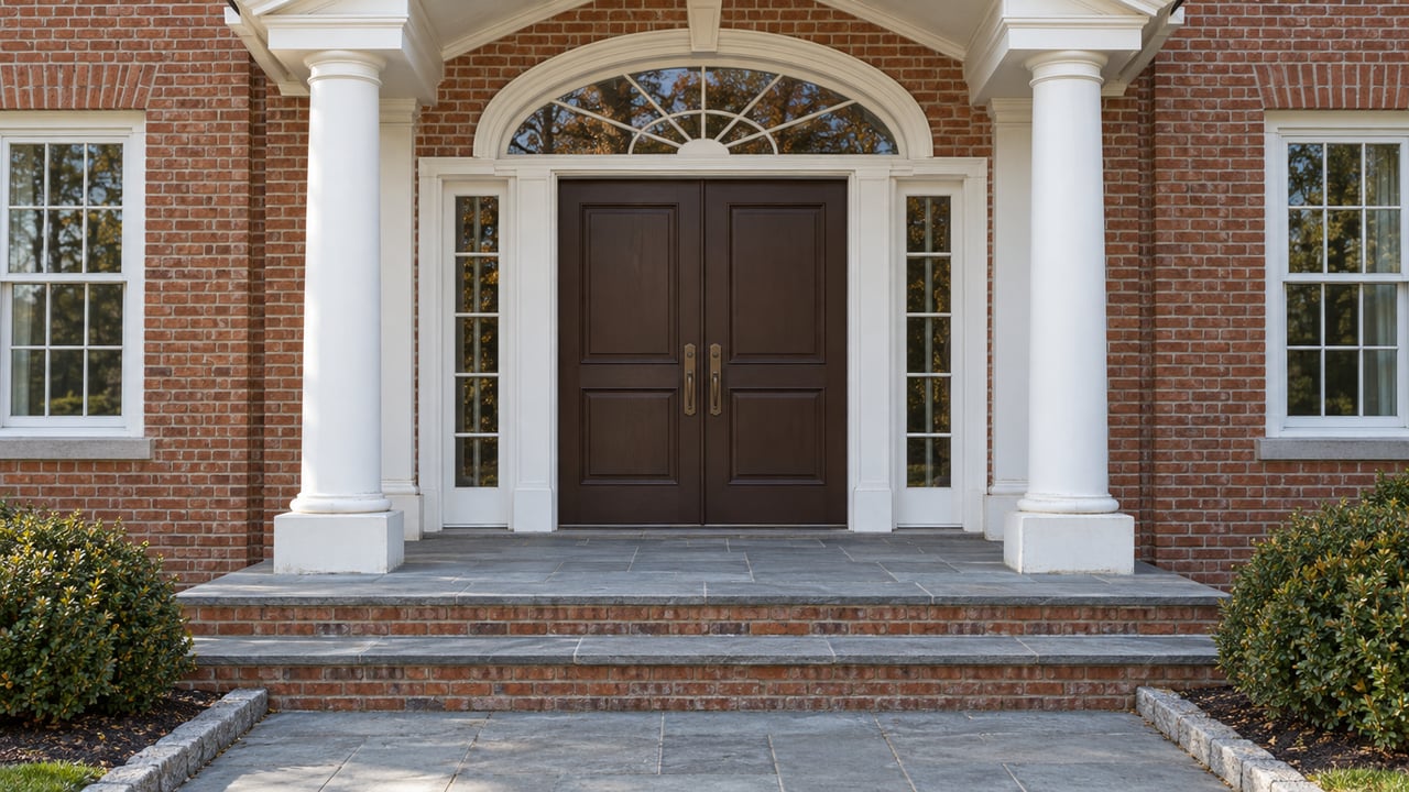 Red brick home entrance with white timber portico, paired dark wood doors, bluestone steps and clipped boxwood.