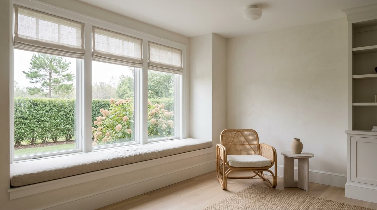 Coastal sitting-room window seat overlooking a garden with a hedge, hydrangeas, and a pine tree.