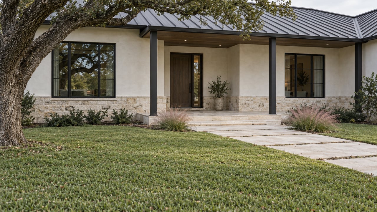 Single-story house with pale limestone facade, recessed porch, slab approach, broad lawn, and mature oak.