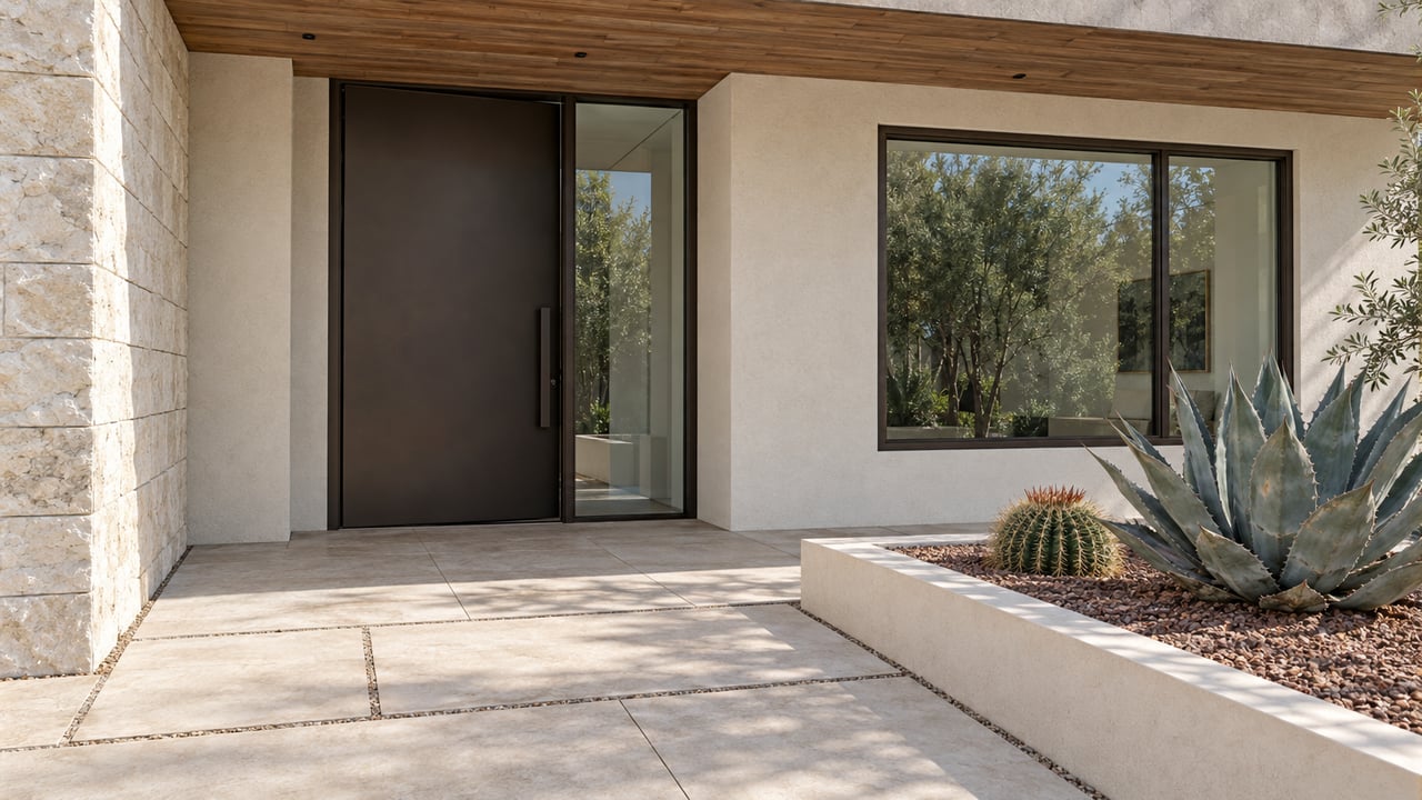 Desert-modern entry with a dark bronze door, limestone pavers, and agave in a raised gravel bed.
