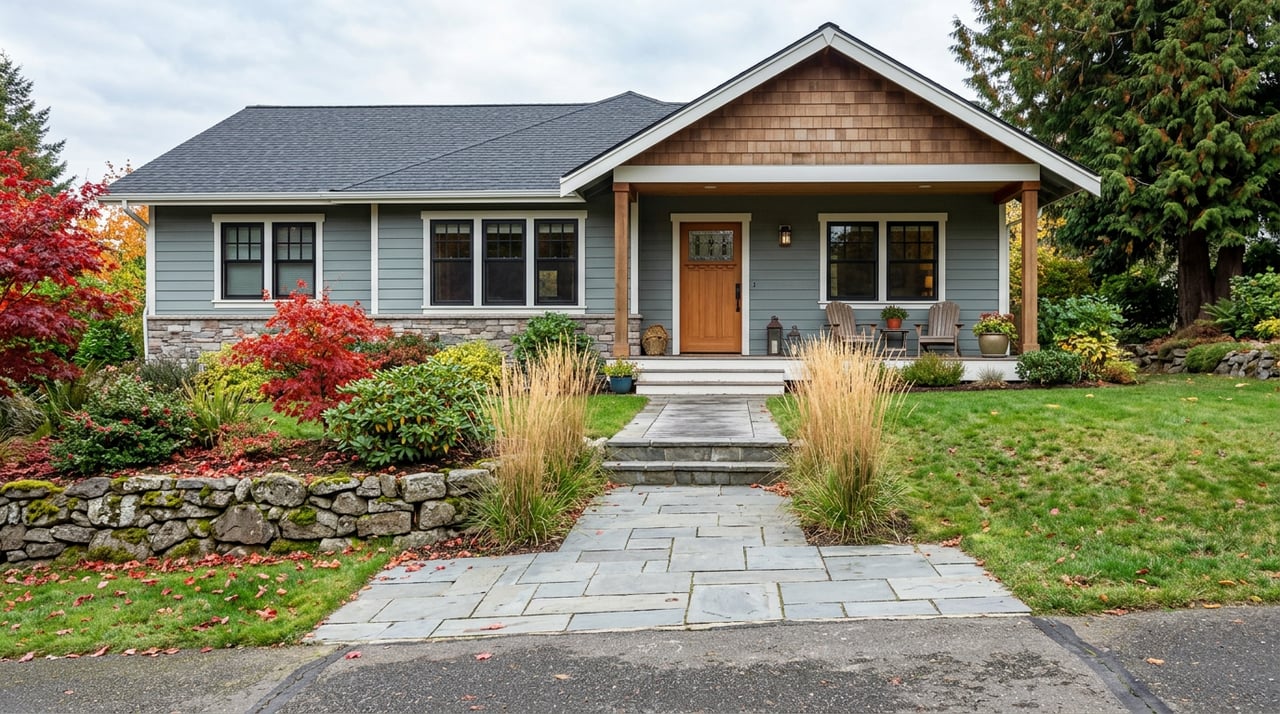 Craftsman home above a stone retaining wall, with a red Japanese maple beside the sloped walkway.