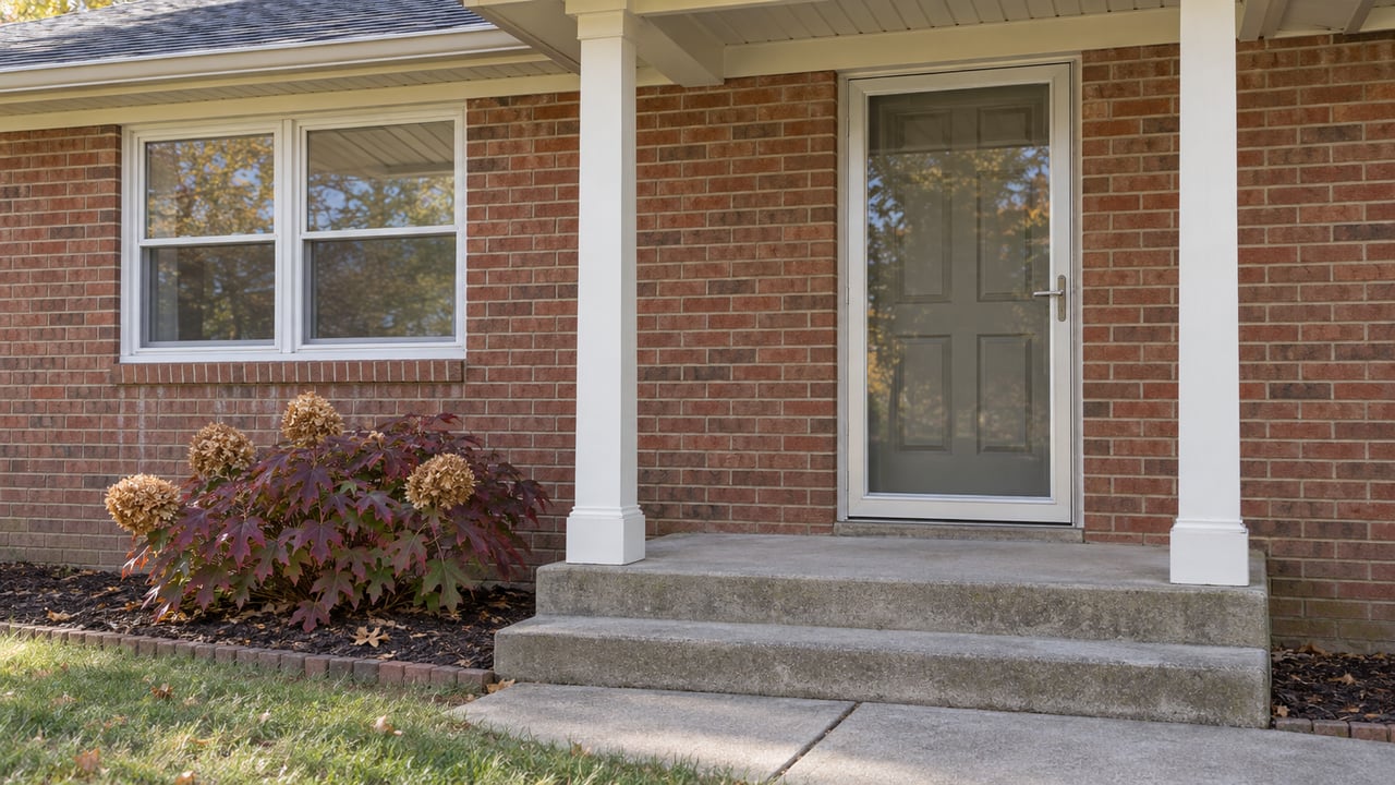 Red-brown brick ranch entrance with white porch posts, concrete steps and burgundy oakleaf hydrangea in autumn morning light.