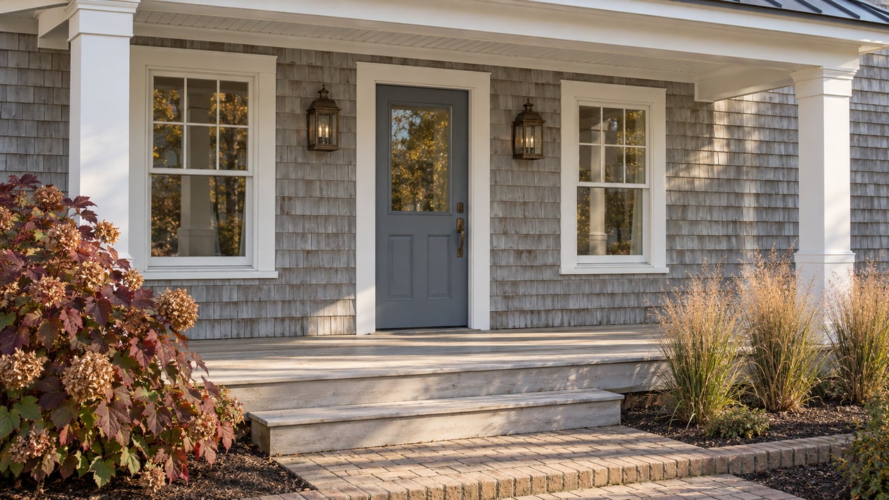 Warm autumn light falls across a cedar-shingled home's white-trimmed porch, blue-gray door and brick approach.