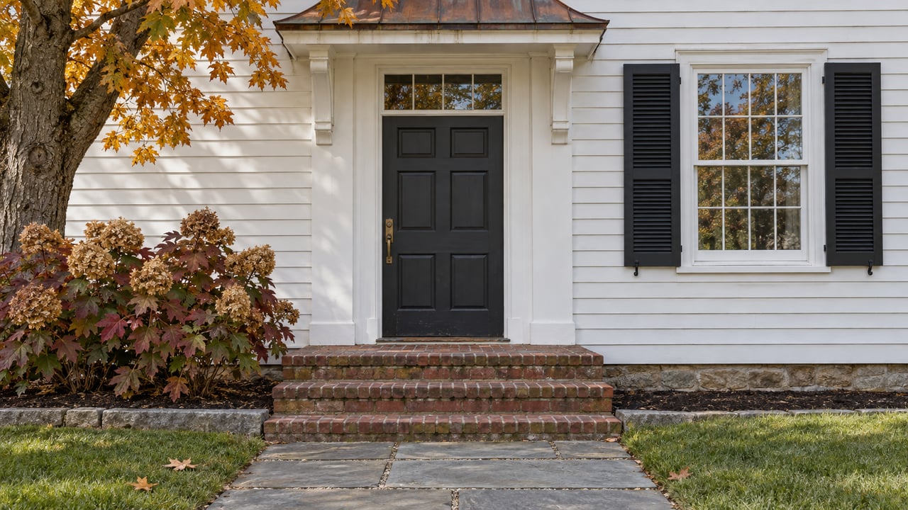 White clapboard home entrance with a copper hood, charcoal door, brick steps and autumn maple foliage.
