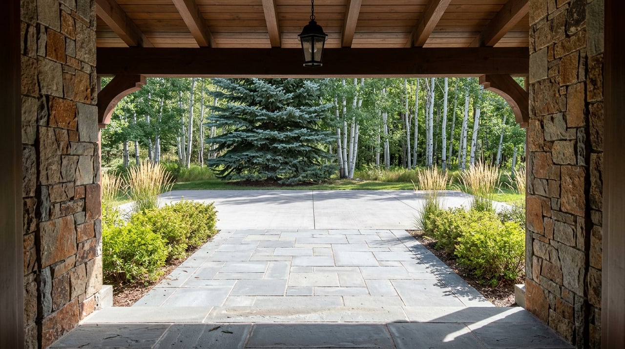 Bluestone entry court beneath a timber portico, framed by stone piers and a blue spruce with aspens behind.