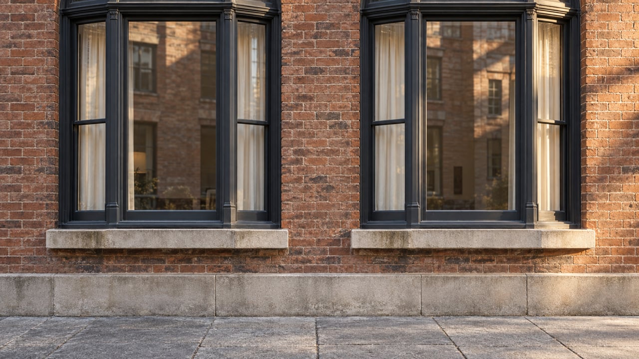 Morning light on two tall charcoal-framed residential windows set in weathered russet brick above a limestone base and granite sidewalk.