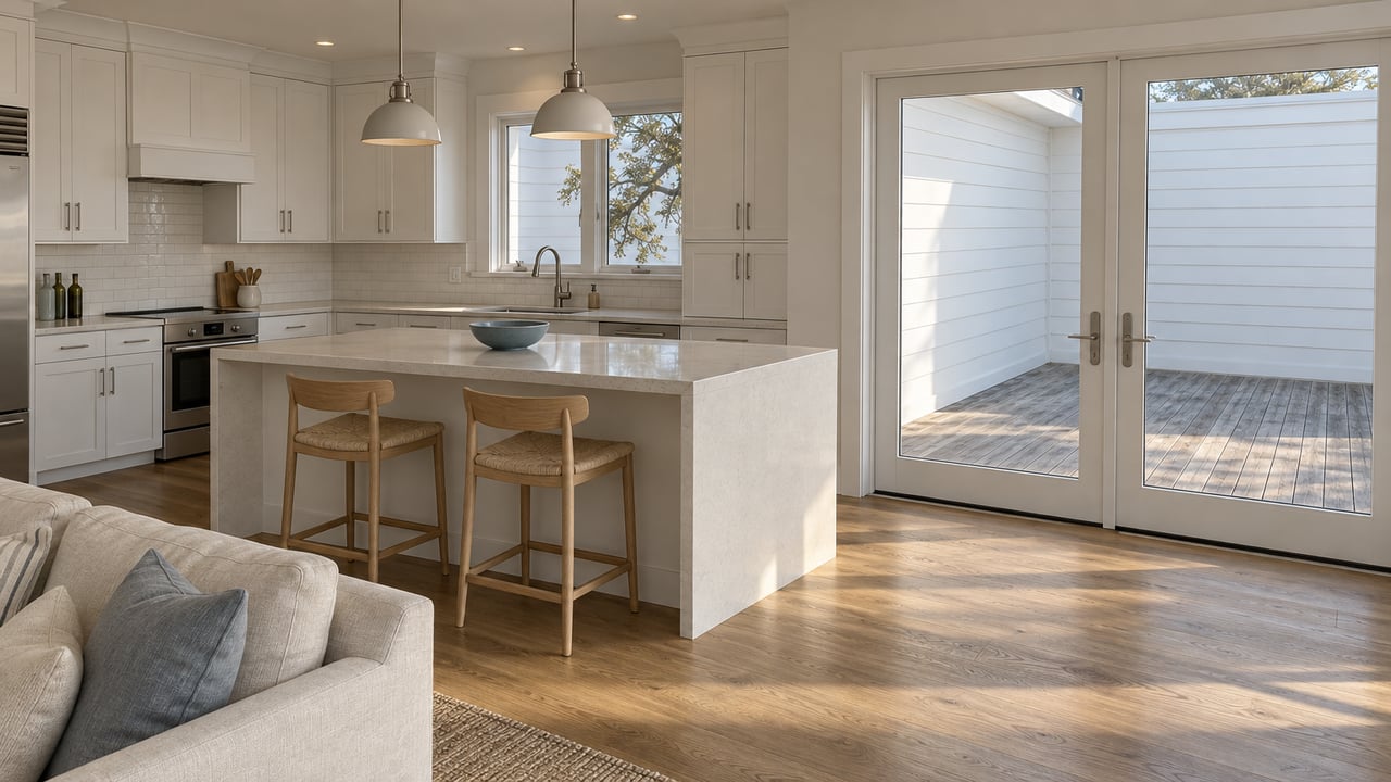 Airy coastal kitchen and living room with pale stone counters, oak floors and closed glass doors opening visually onto a weathered deck.