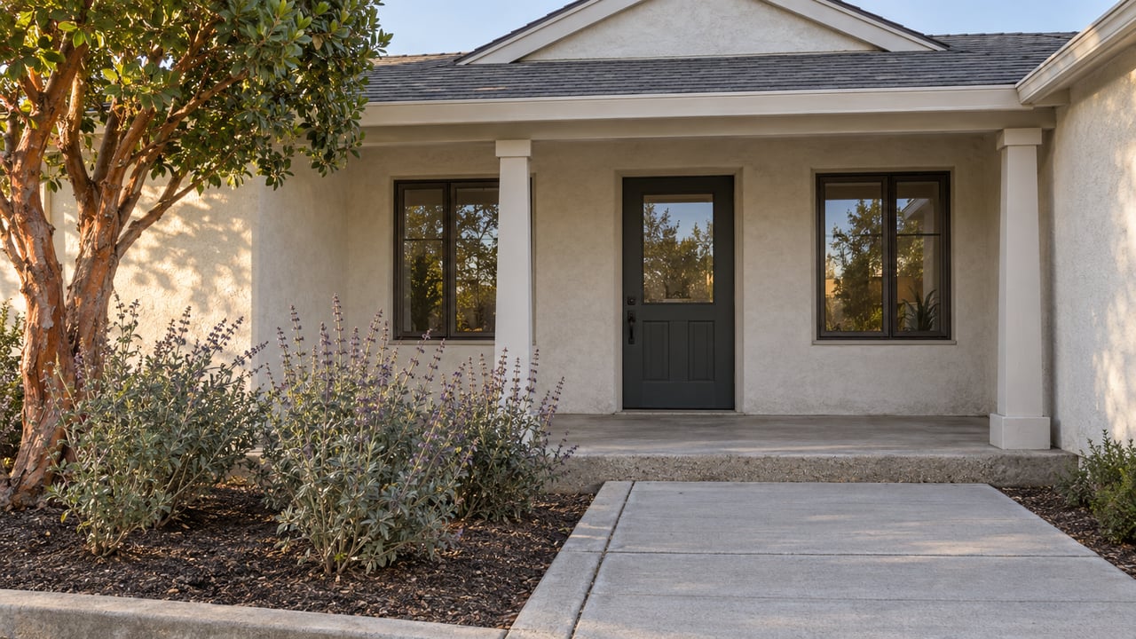 Light stucco bungalow with dark-trimmed windows, a concrete front approach, and a mature strawberry tree beside a planted bed.