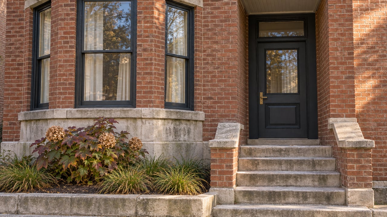 Russet brick home with dark wood bay windows, a recessed glazed entrance, worn limestone steps and a small autumn garden.