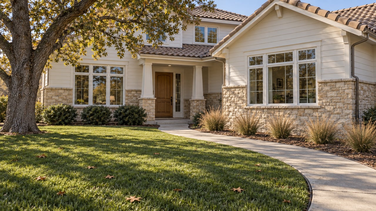 Afternoon light across a deep front lawn and an established home with tiled gables, pale siding, stone veneer and a mature oak.