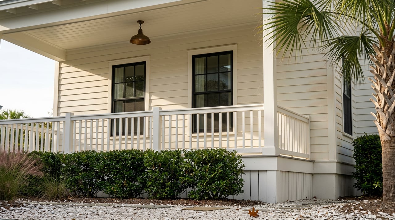 White shiplap cottage facade with black-framed windows, a porch railing, and palm fronds at the edge.