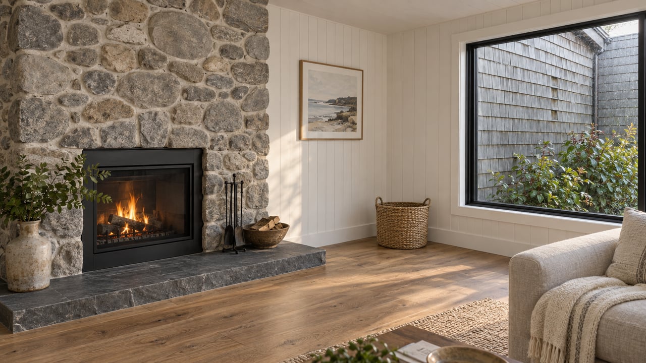 River-stone fireplace beside a black-framed window, with a cedar-shingled wall and salal outside.