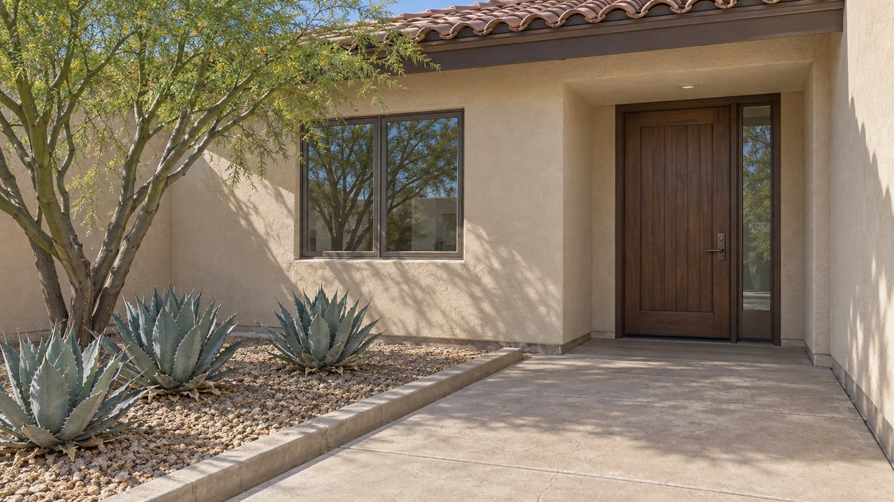 Sand-colored stucco home with a recessed wood entry door, bronze-framed window, concrete approach and sculptural desert planting.