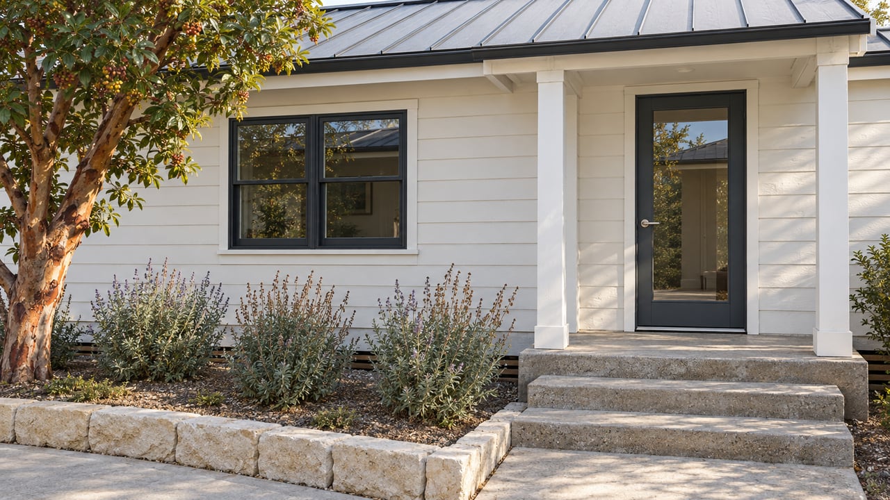 A compact white-sided cottage with dark windows, a shaded glazed entry, concrete steps, and a small curbed planting bed.