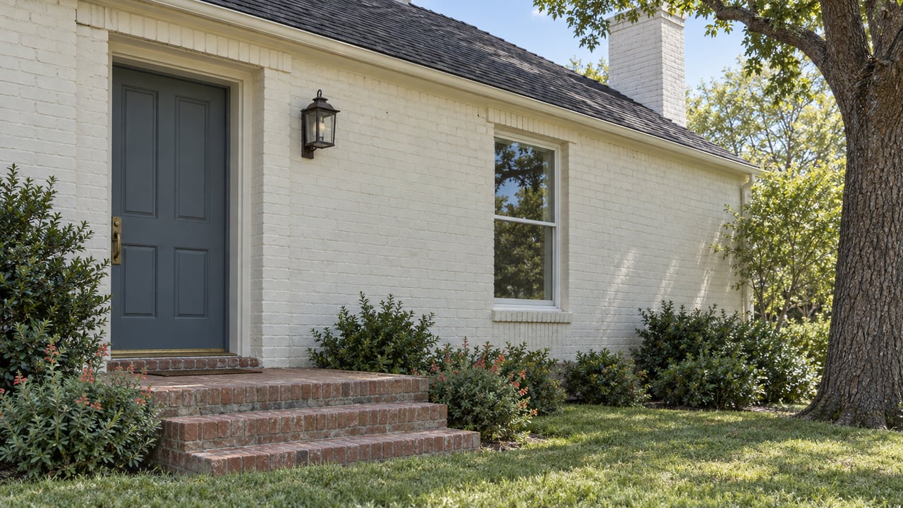 Cream-painted brick home with a slate-blue entry, red-brick steps, and coral-flowered salvia beside the lawn.