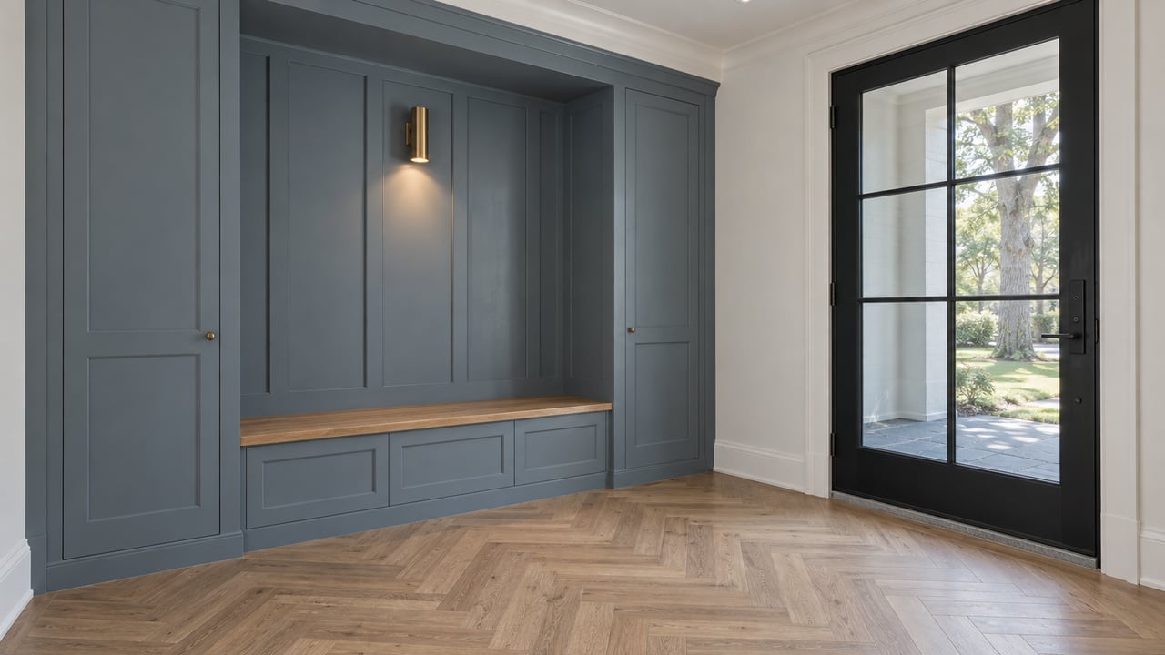 Slate-blue paneled entry with an oak bench and closed black grid-glazed door.