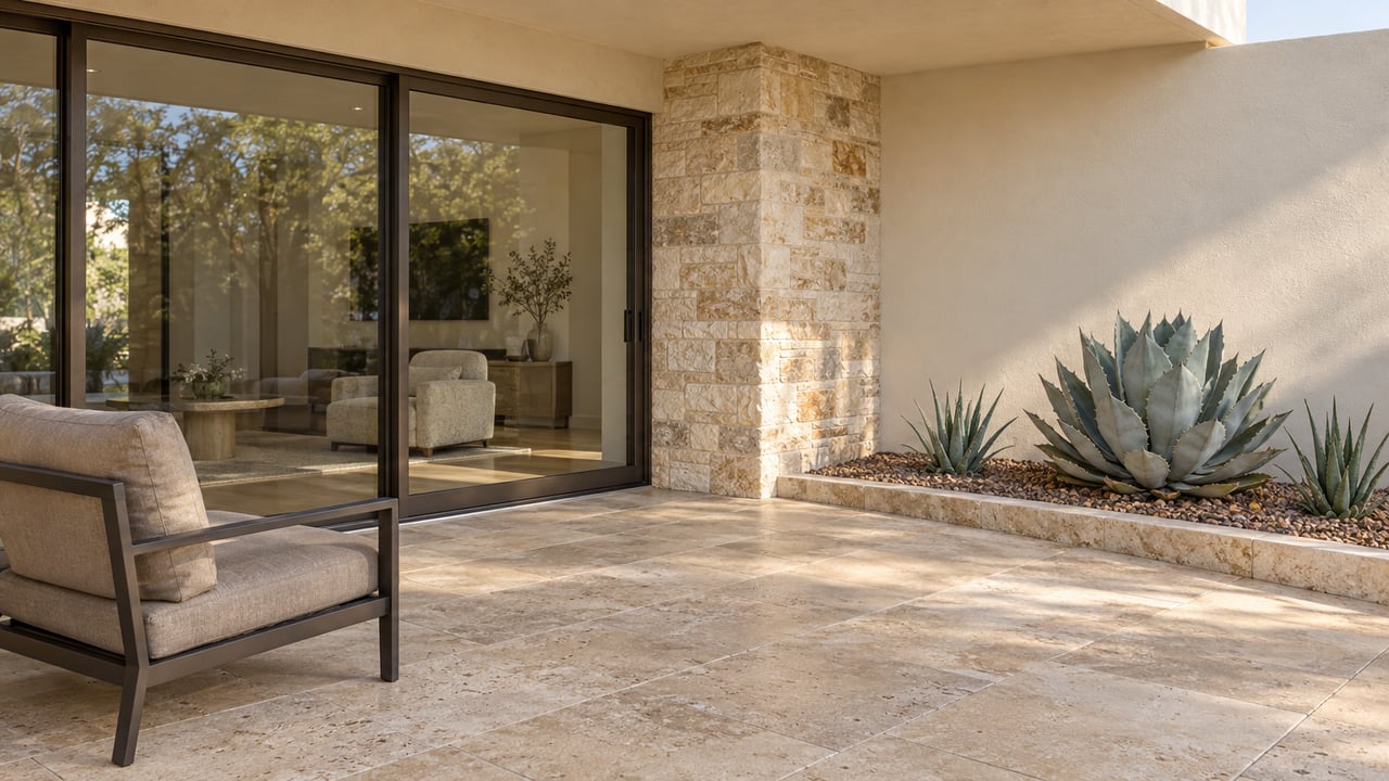 Covered terrace with ivory stucco, buff limestone, bronze-framed glass doors and a blue-gray agave beside travertine paving.