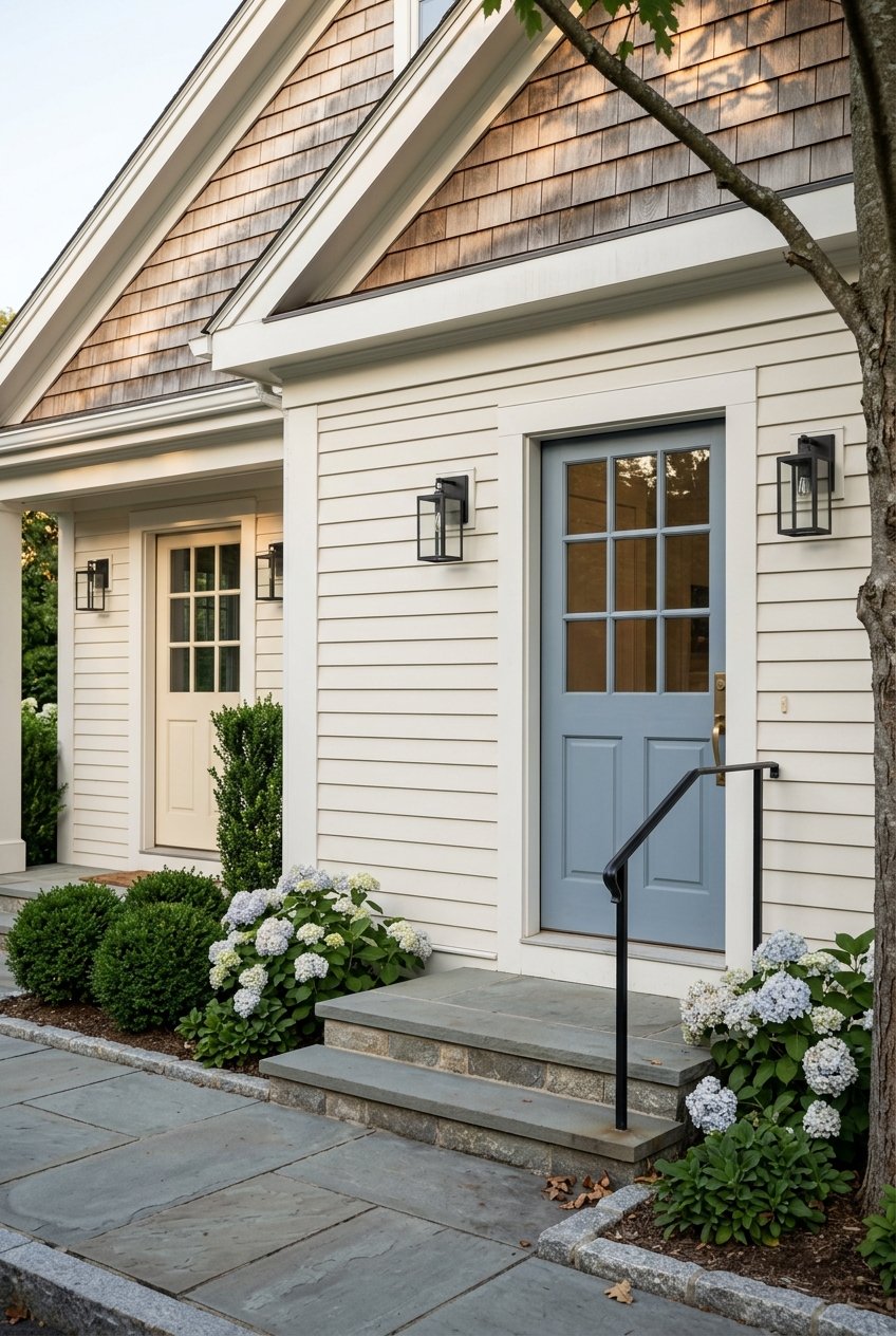 Exterior townhouse entrance with a shared threshold.
