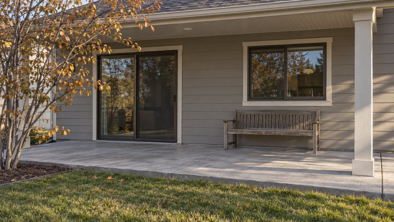 Autumn light crosses a covered rear patio with gray lap siding, a cedar bench, and an ochre-leaved serviceberry beside the lawn.